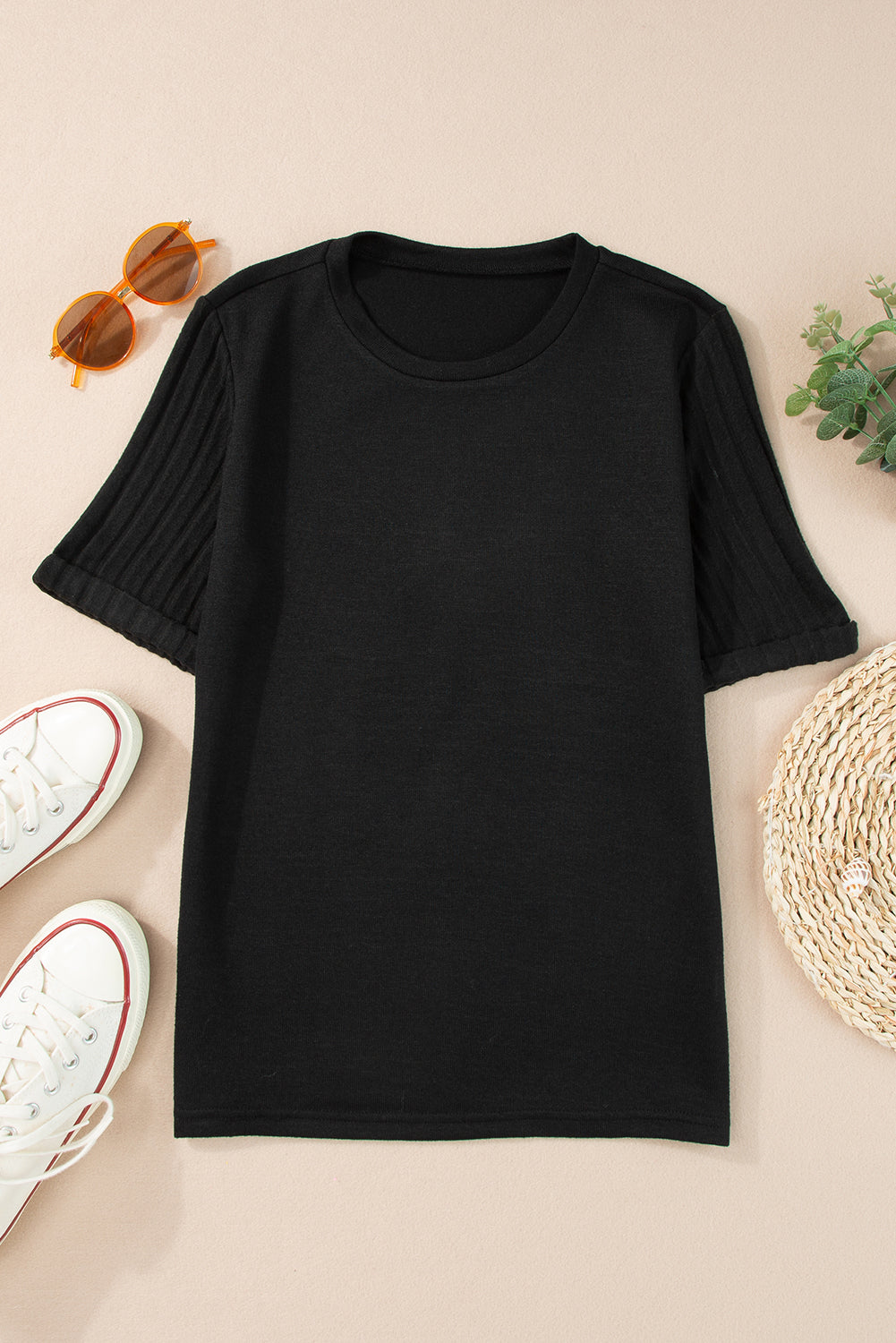 Gray Ribbed Splicing Short Sleeve Round Neck T-shirt