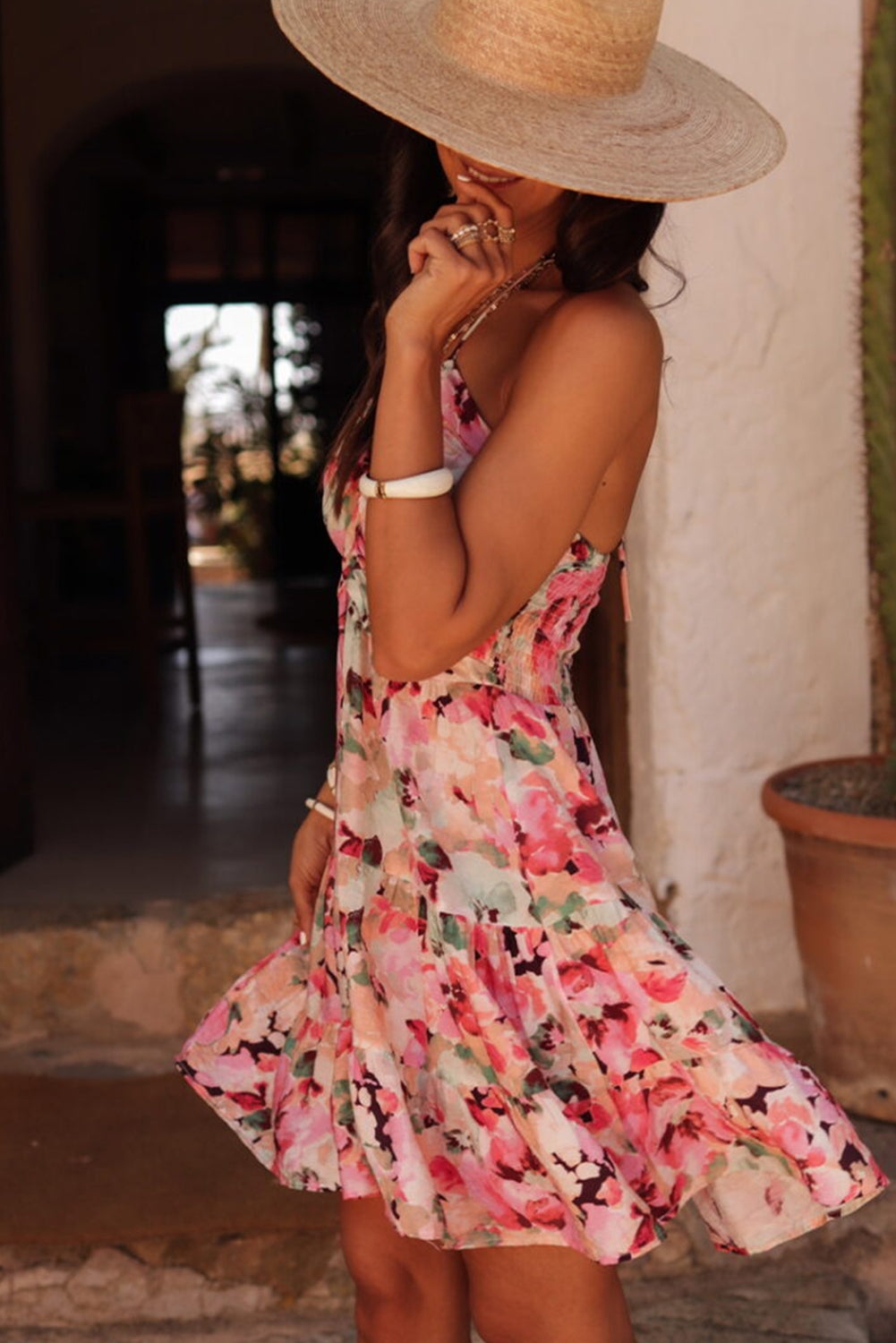 Pink Floral Halter Neck Smocked Back Ruffle Mini Dress