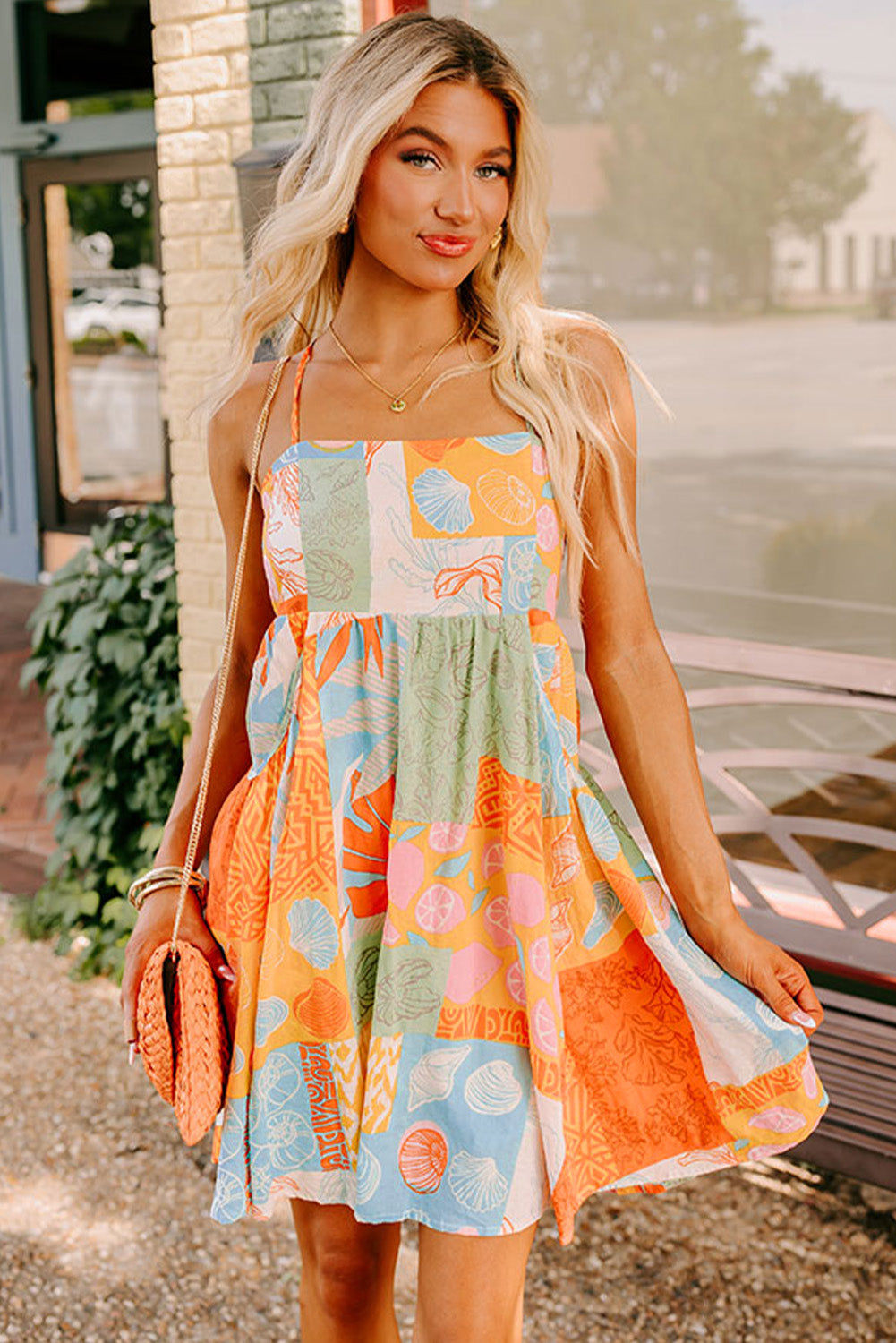 Orange Shell Print Patchwork Backless Flowy Dress