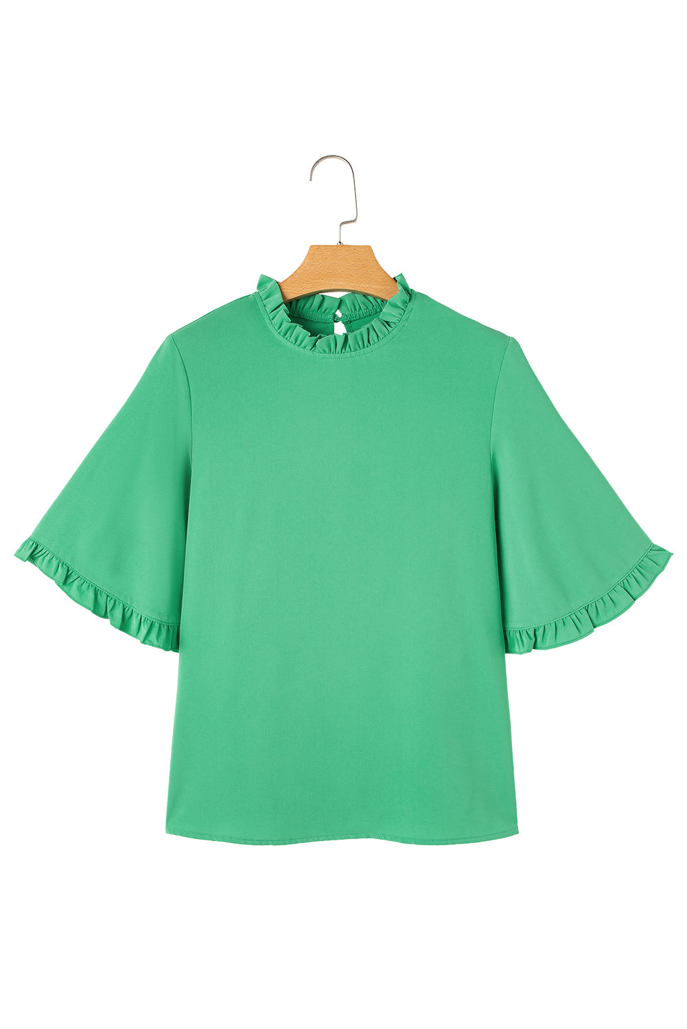 Green Frilly Round Neck Wide Half Sleeve Blouse