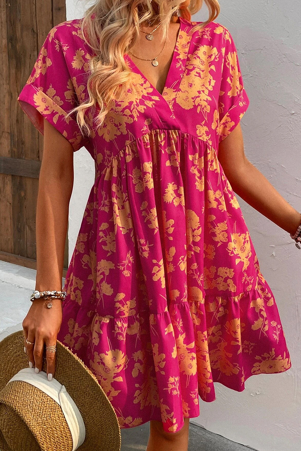 Rose Floral Short Sleeve Surplice Neck Ruffled Mini Dress