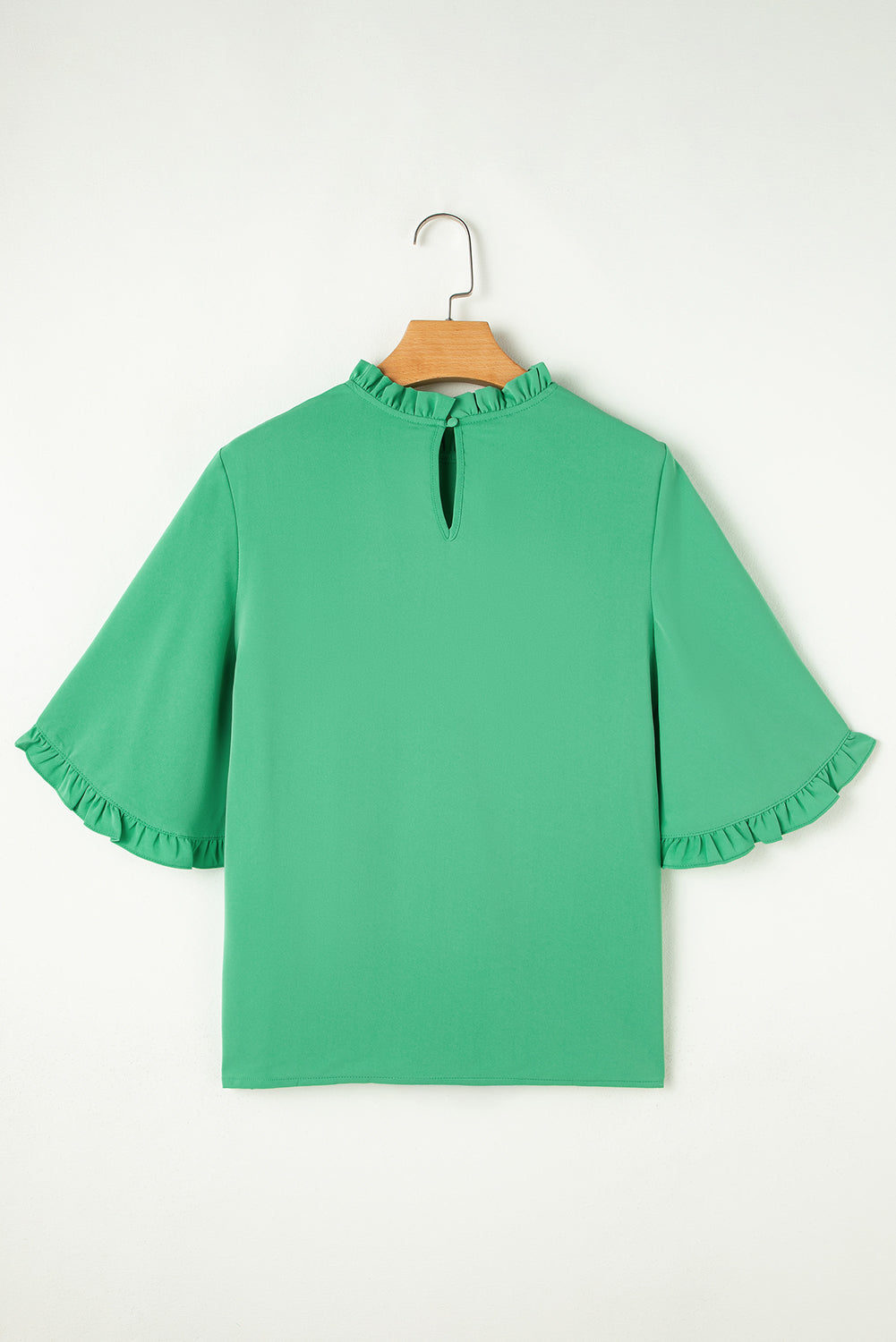 Green Frilly Round Neck Wide Half Sleeve Blouse