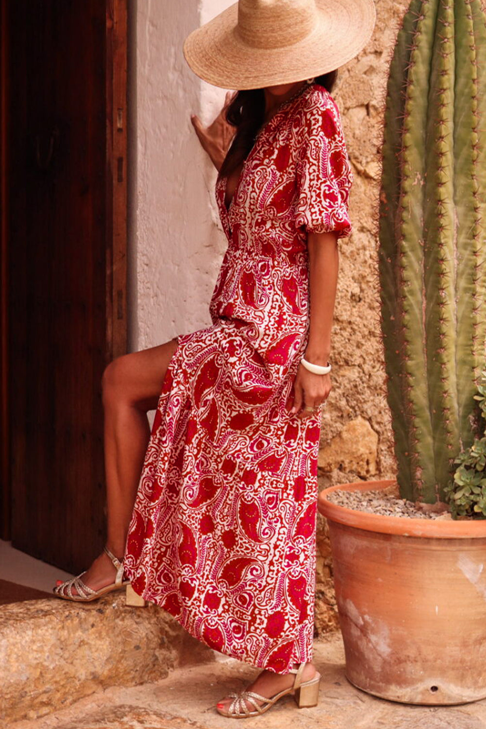 Red Paisley Print Side Slit Puff Sleeve High Waist Maxi Dress