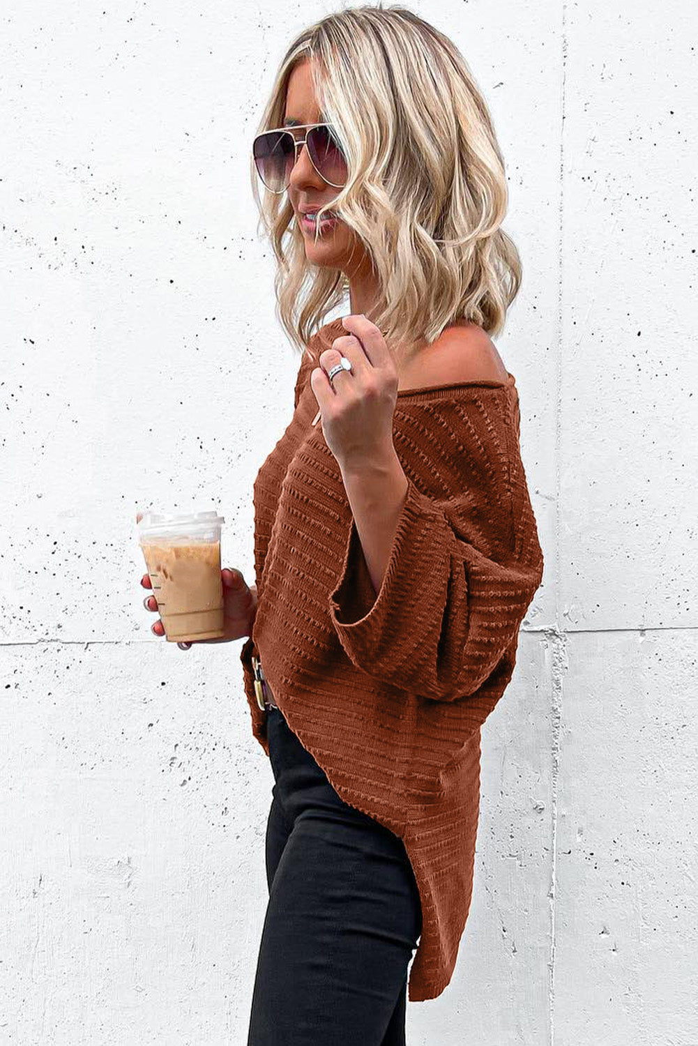 Brown Solid Color Rib-Knit Drop Sleeve Side Slits Top