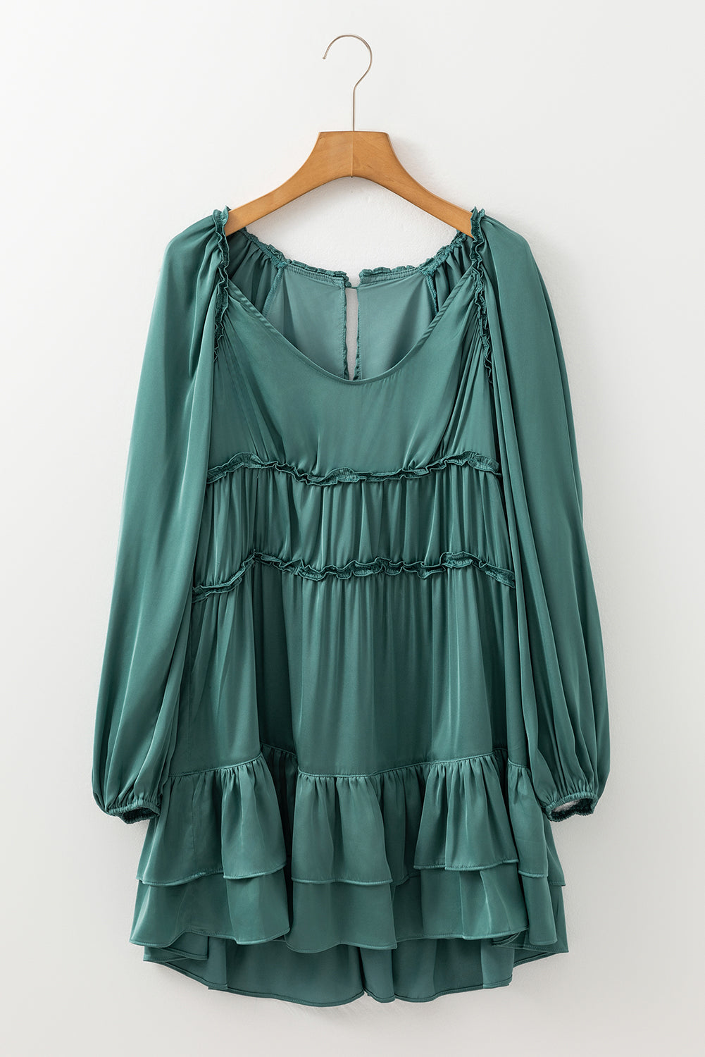 Mist Green Puff Sleeve Loose Fit Tiered Ruffle Mini Dress