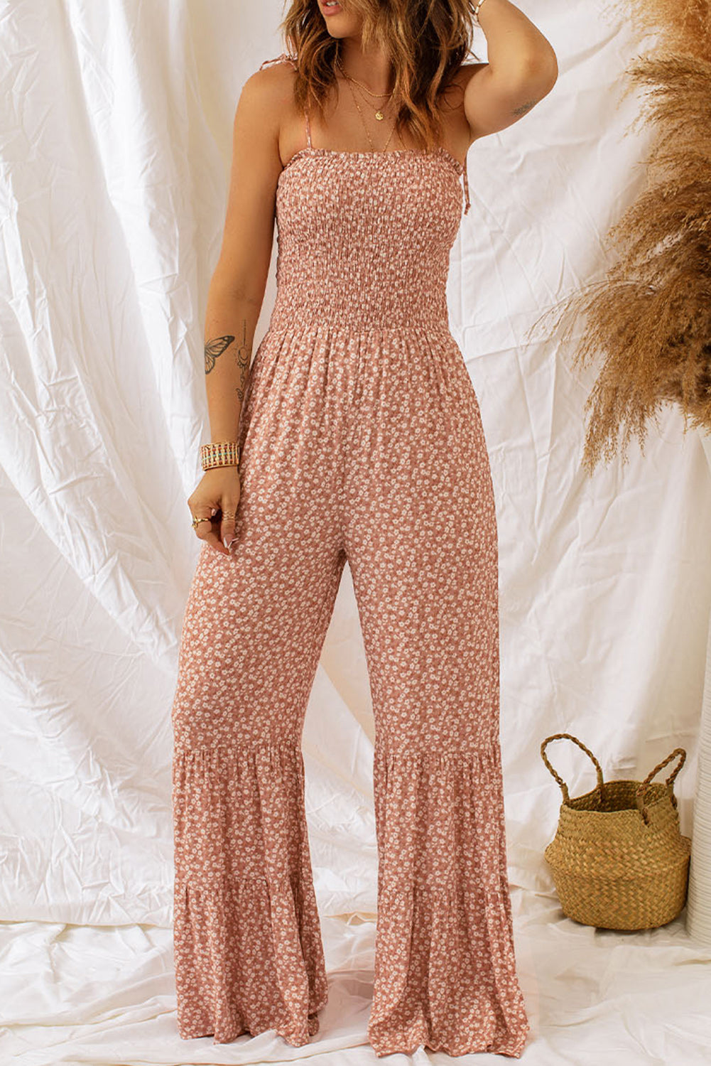 Dusk Blue Floral Print Spaghetti Straps Smocked Wide Leg Jumpsuit