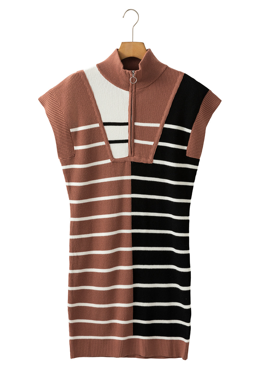 Khaki Stripe Color Block Short Sleeve Quarter Zip Mini Dress