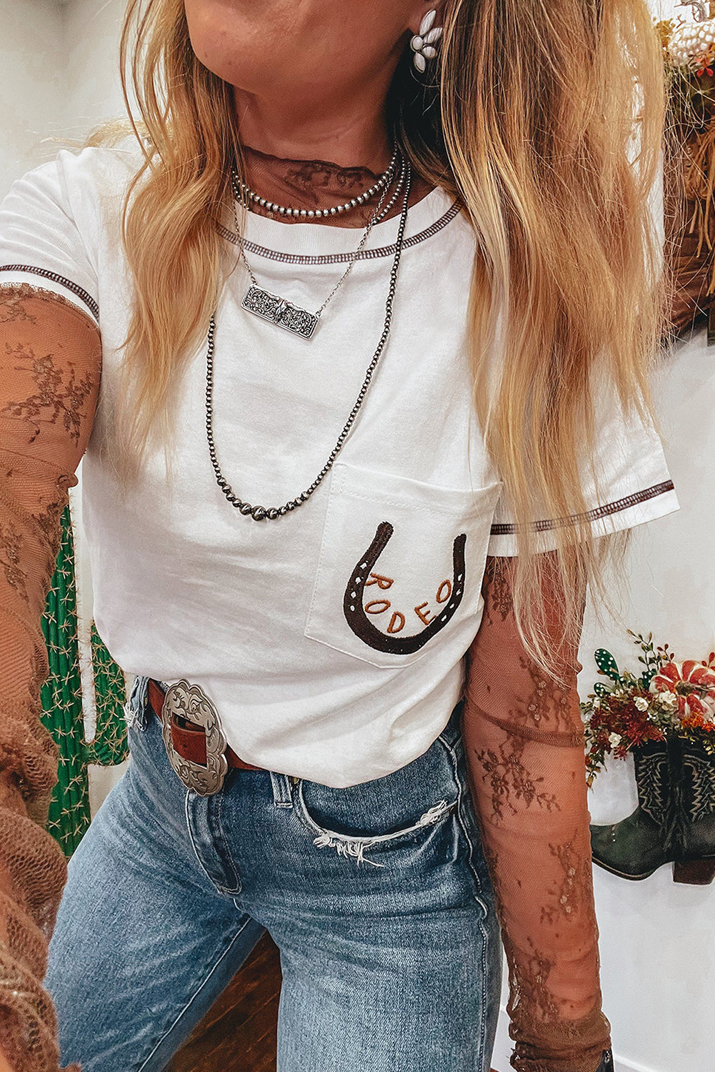 White RODEO Horseshoe Embroidered Patch Pocket Tee