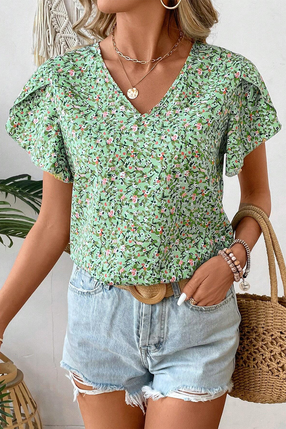 Green Boho Floral V Neck Short Sleeve Blouse