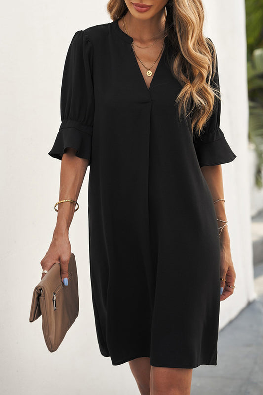 Black Ruffled Sleeve Shift Dress