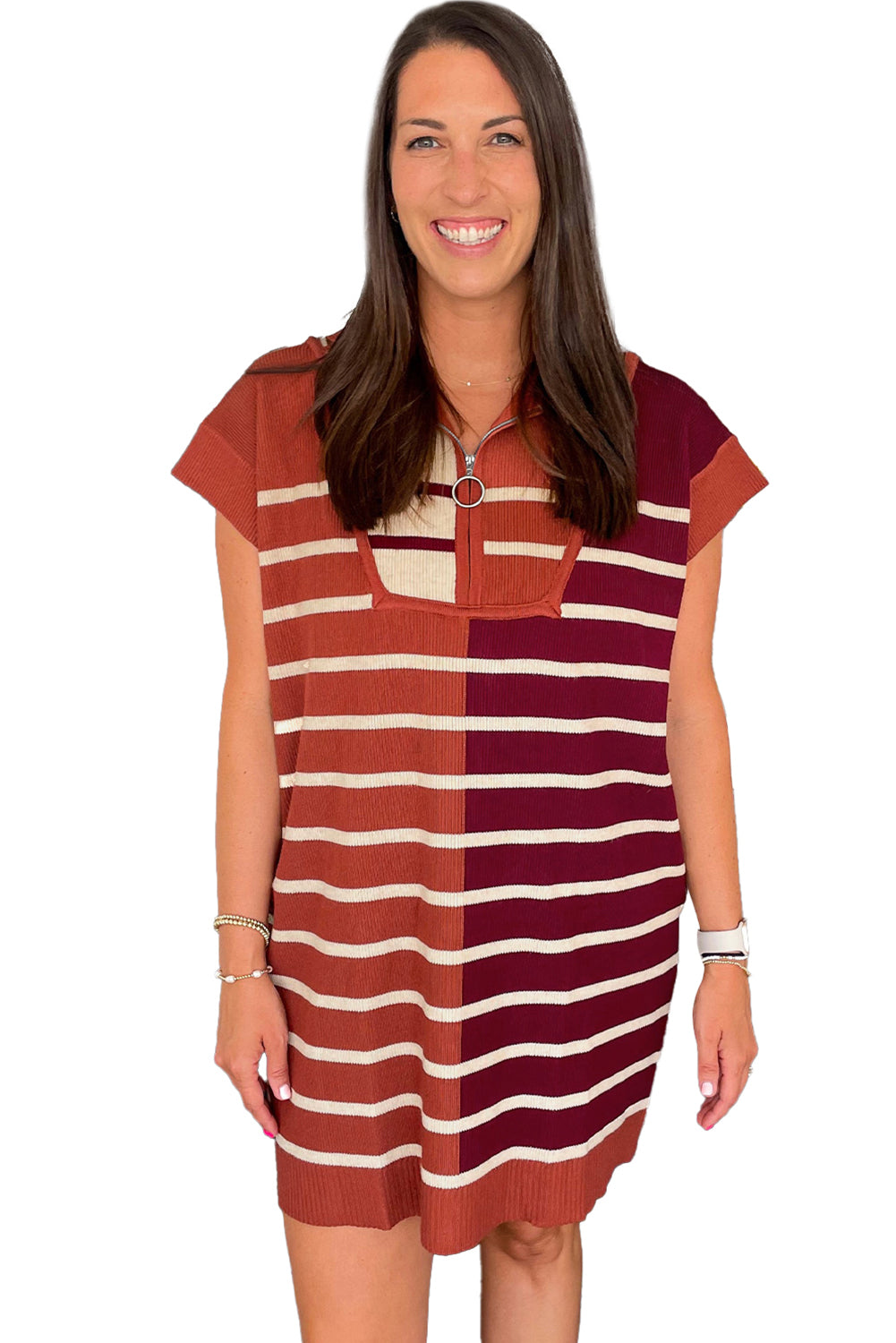 Khaki Stripe Color Block Short Sleeve Quarter Zip Mini Dress