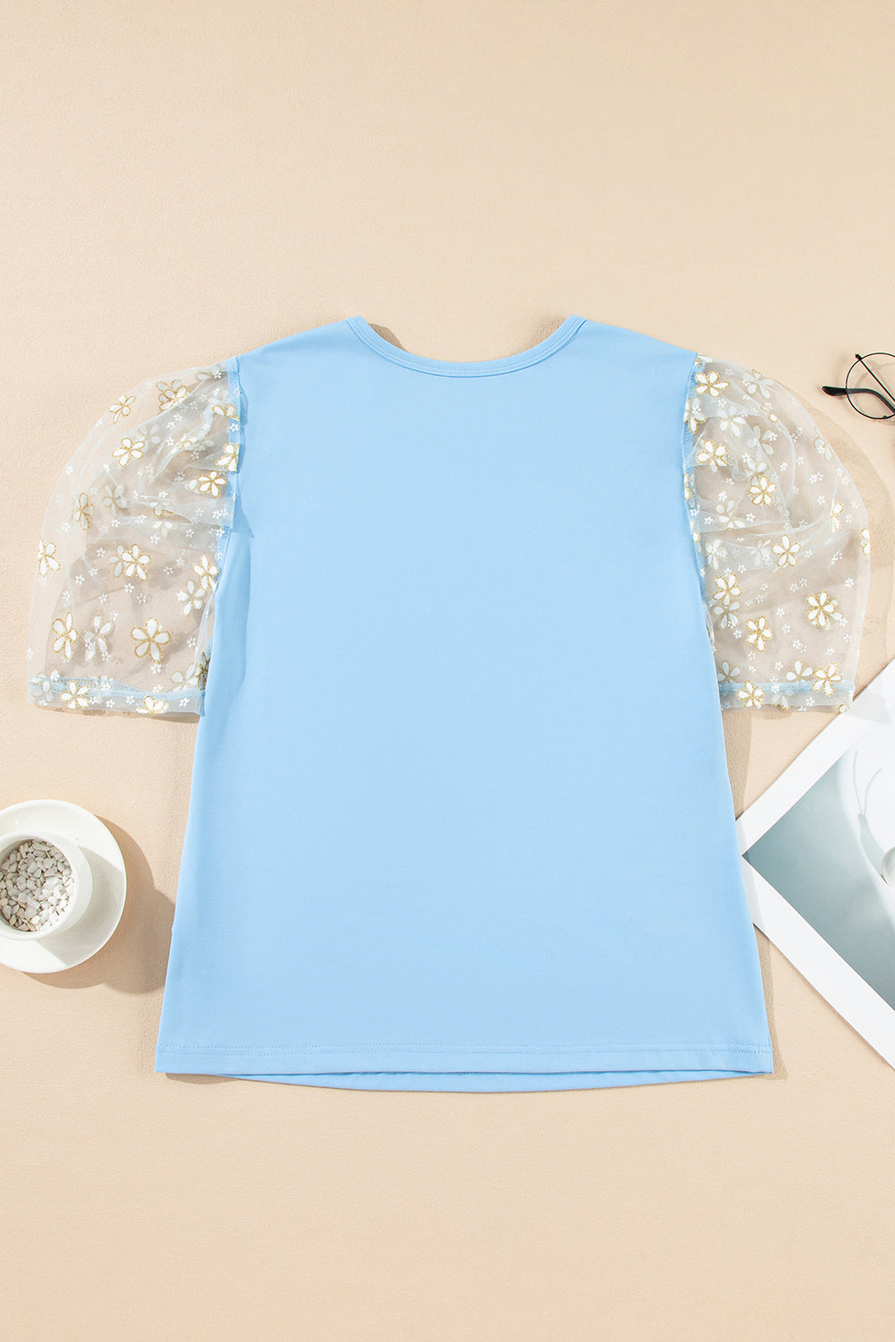 Beau Blue Flower Mesh Sleeve Slim Fit Blouse