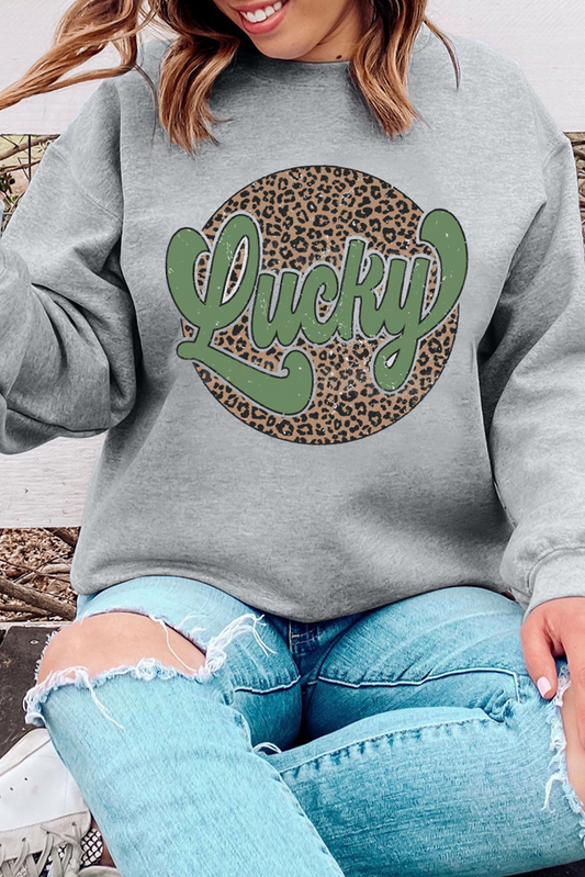 Gray Leopard Lucky Graphic Crewneck St Patrick Pullover Sweatshirt