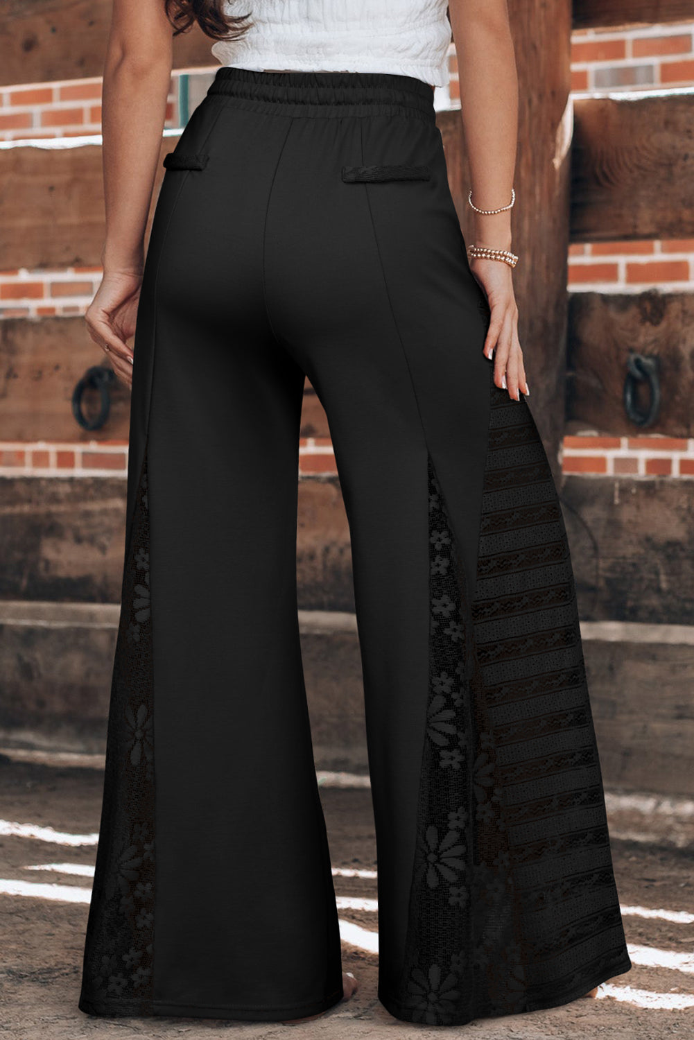 Smoke Gray Lace Patchwork Wide Leg High Waist Pants