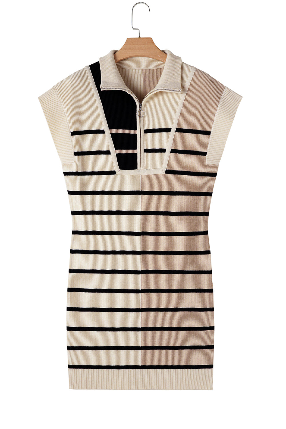 Khaki Stripe Color Block Short Sleeve Quarter Zip Mini Dress