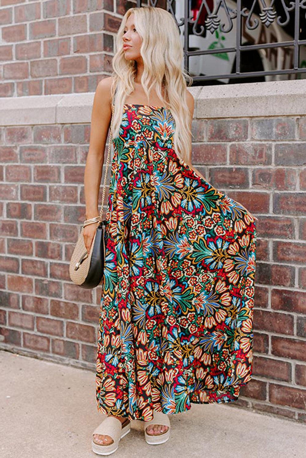 Black Boho Floral Print Thin Straps High Waist Maxi Dress