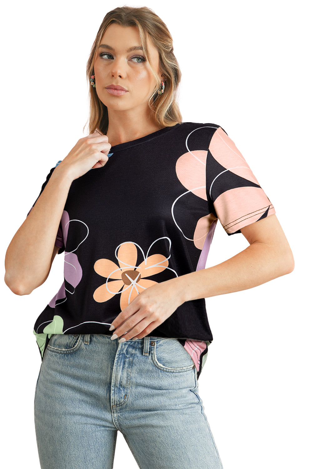 Beige Summer Flower Print Round Neck T Shirt