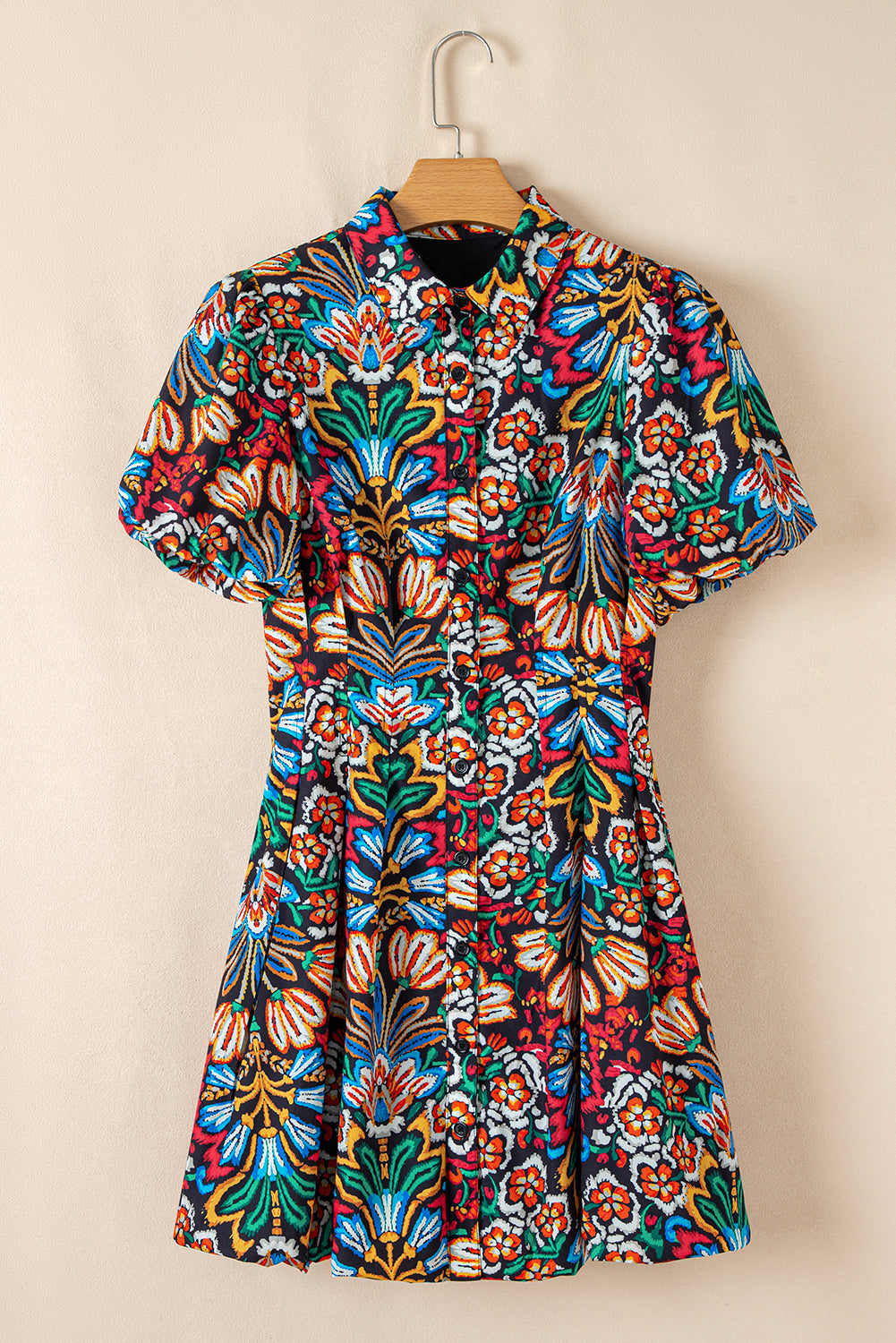 Multicolour Bohemian Floral Bubble Sleeve Dress