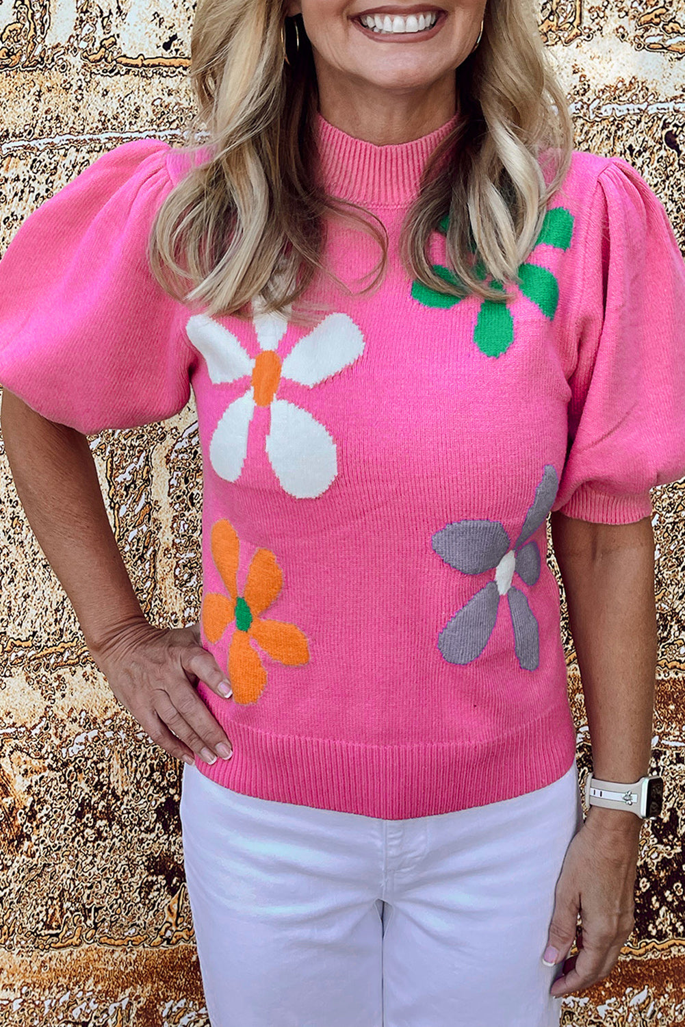 Bright Pink 60s Floral Print Bubble Short Sleeve Knitted Top