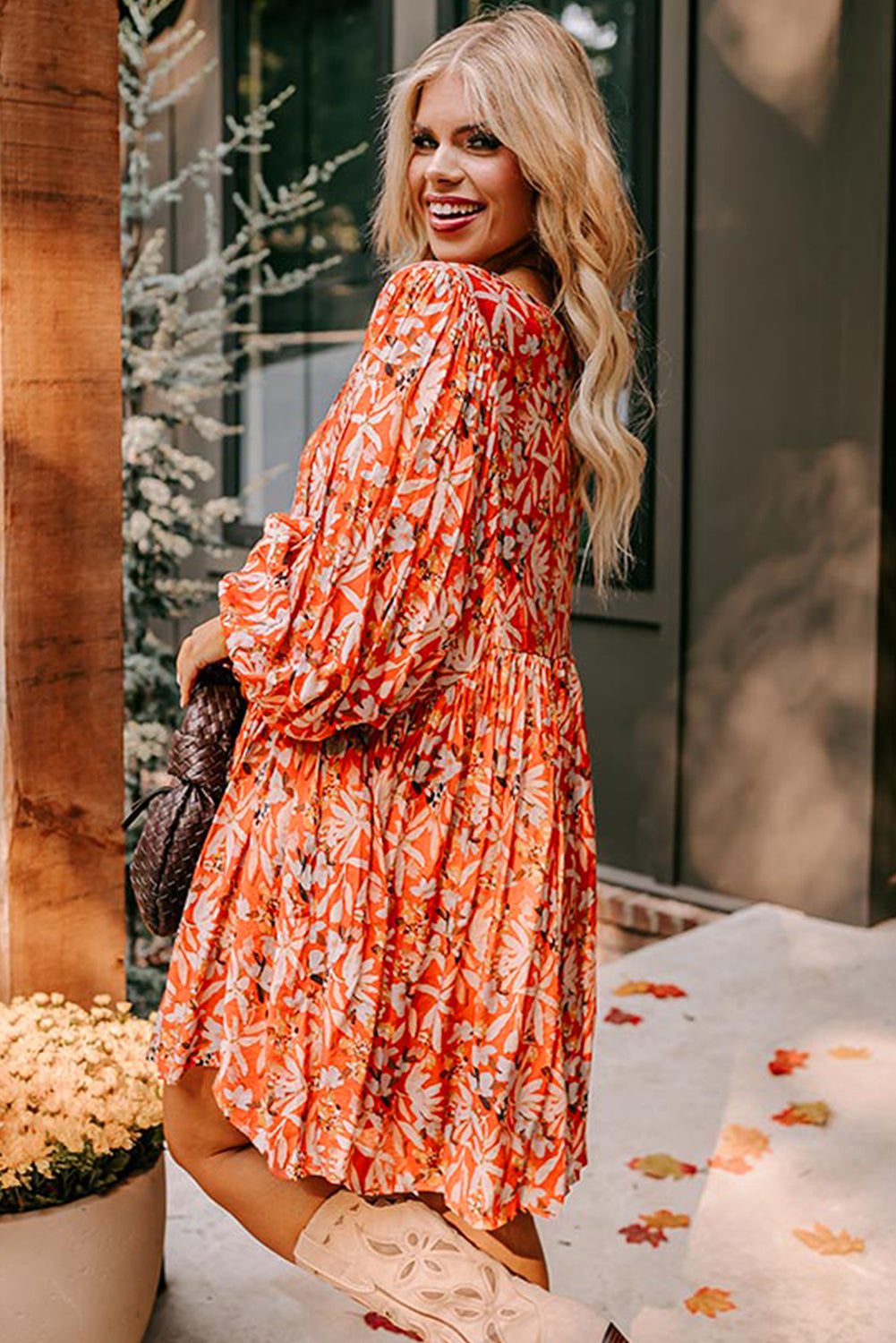 Orange Floral Print Split V Neck Bubble Sleeve Plus Size Midi Dress