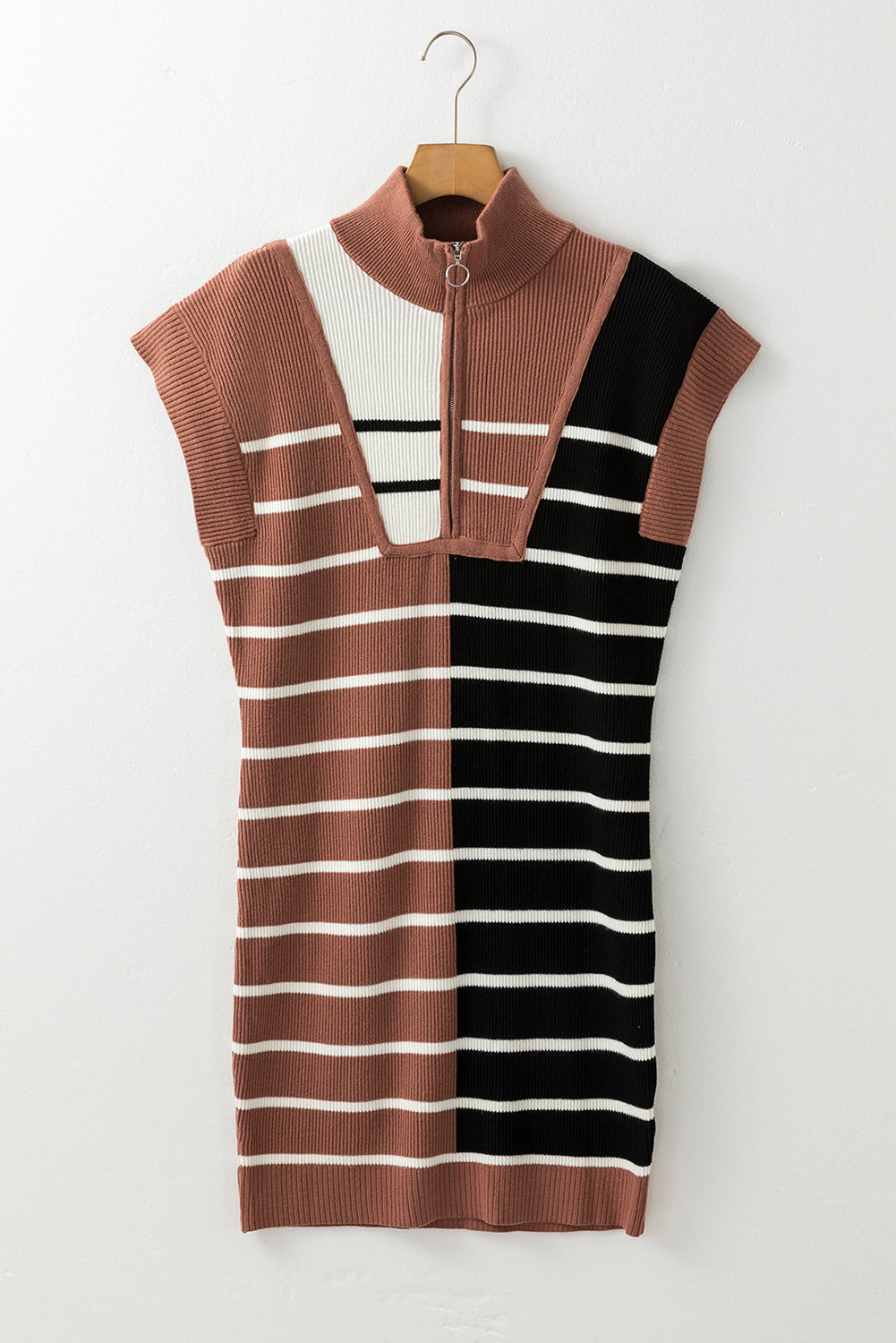 Khaki Stripe Color Block Short Sleeve Quarter Zip Mini Dress