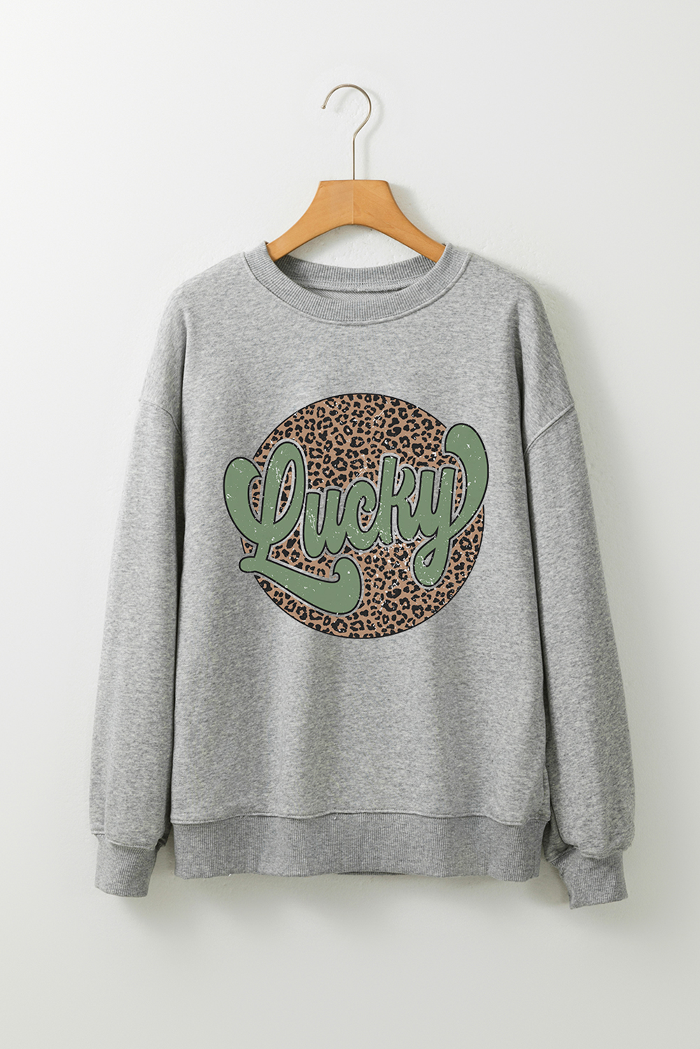 Gray Leopard Lucky Graphic Crewneck St Patrick Pullover Sweatshirt