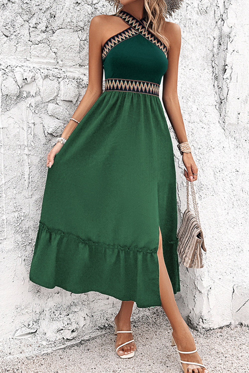 Evergreen Geometric Contrast Criss Cross Tiered Midi Dress