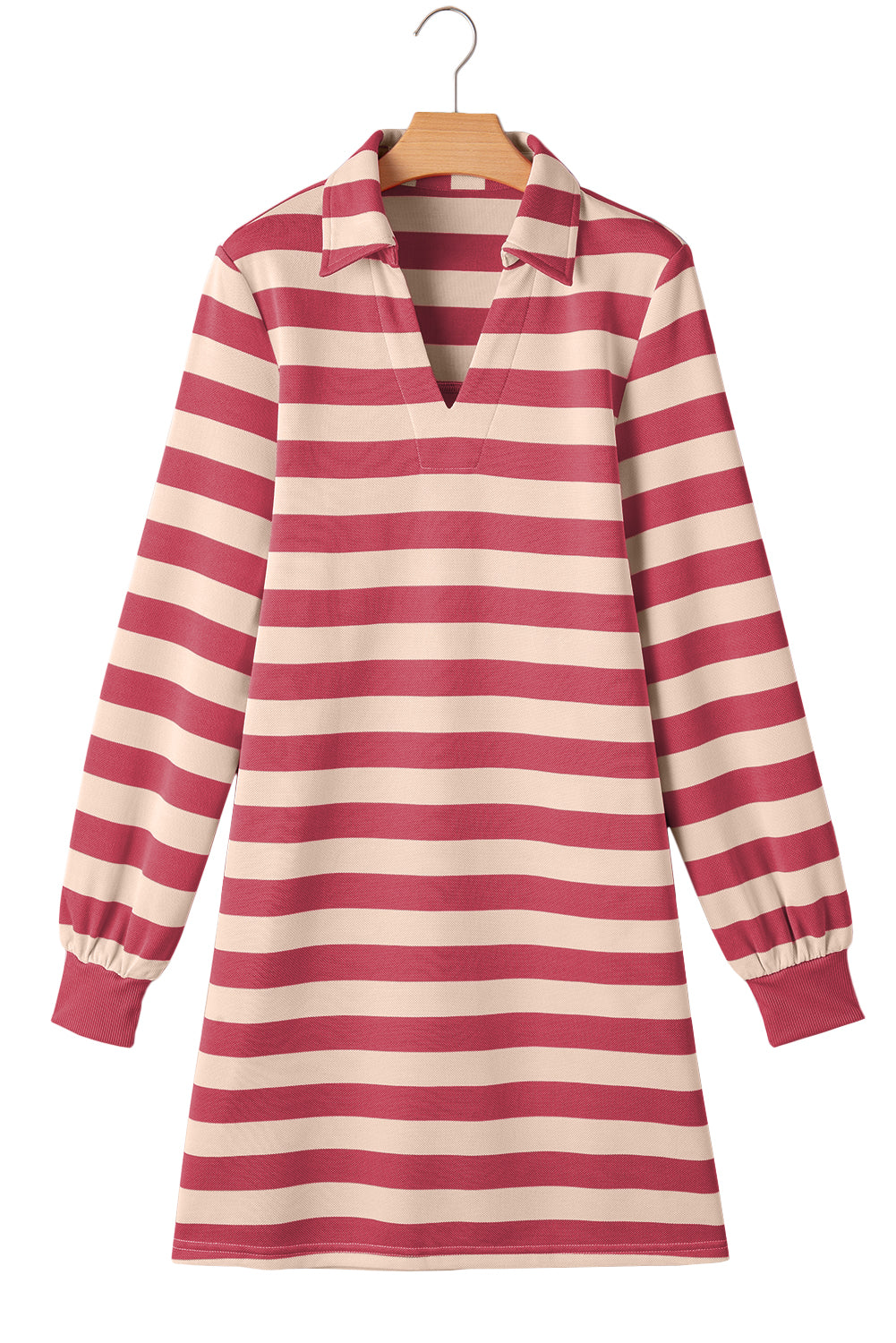 Pink Stripe Pocketed Collared V Neck Loose Fit Mini Dress