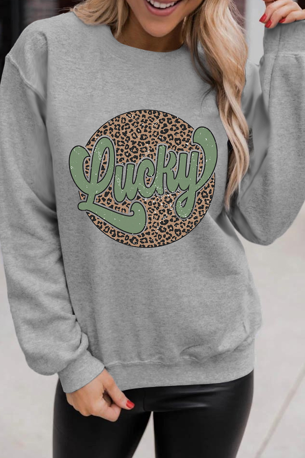 Gray Leopard Lucky Graphic Crewneck St Patrick Pullover Sweatshirt