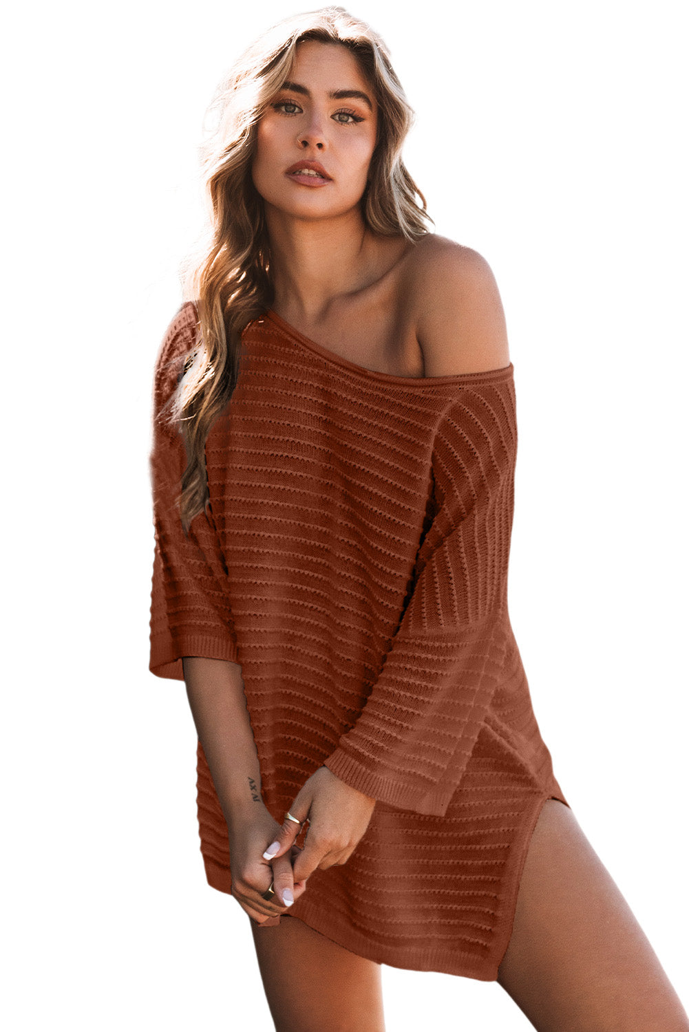 Brown Solid Color Rib-Knit Drop Sleeve Side Slits Top