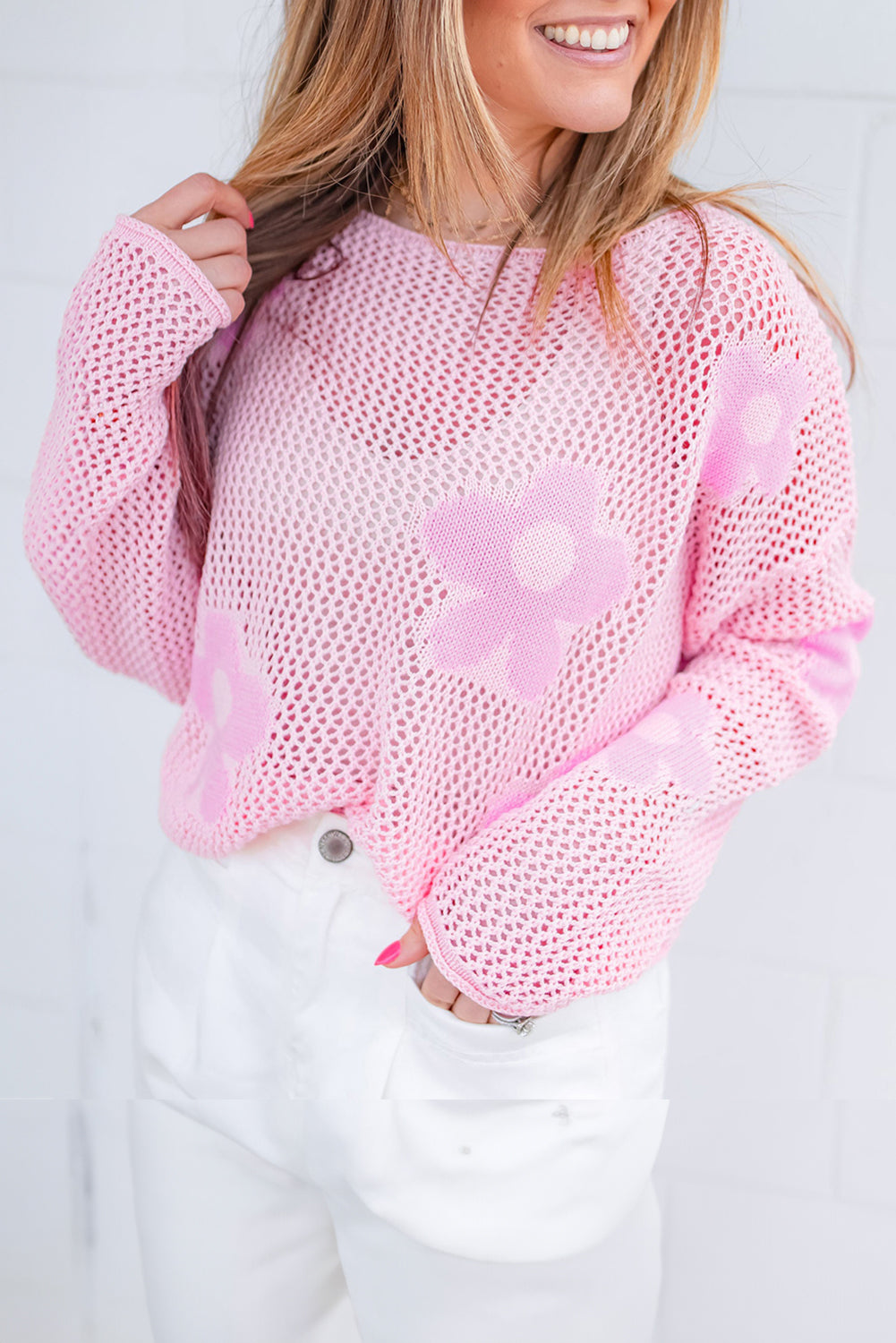 Light Pink Flower Drop Shoulder Hollow Knit Top