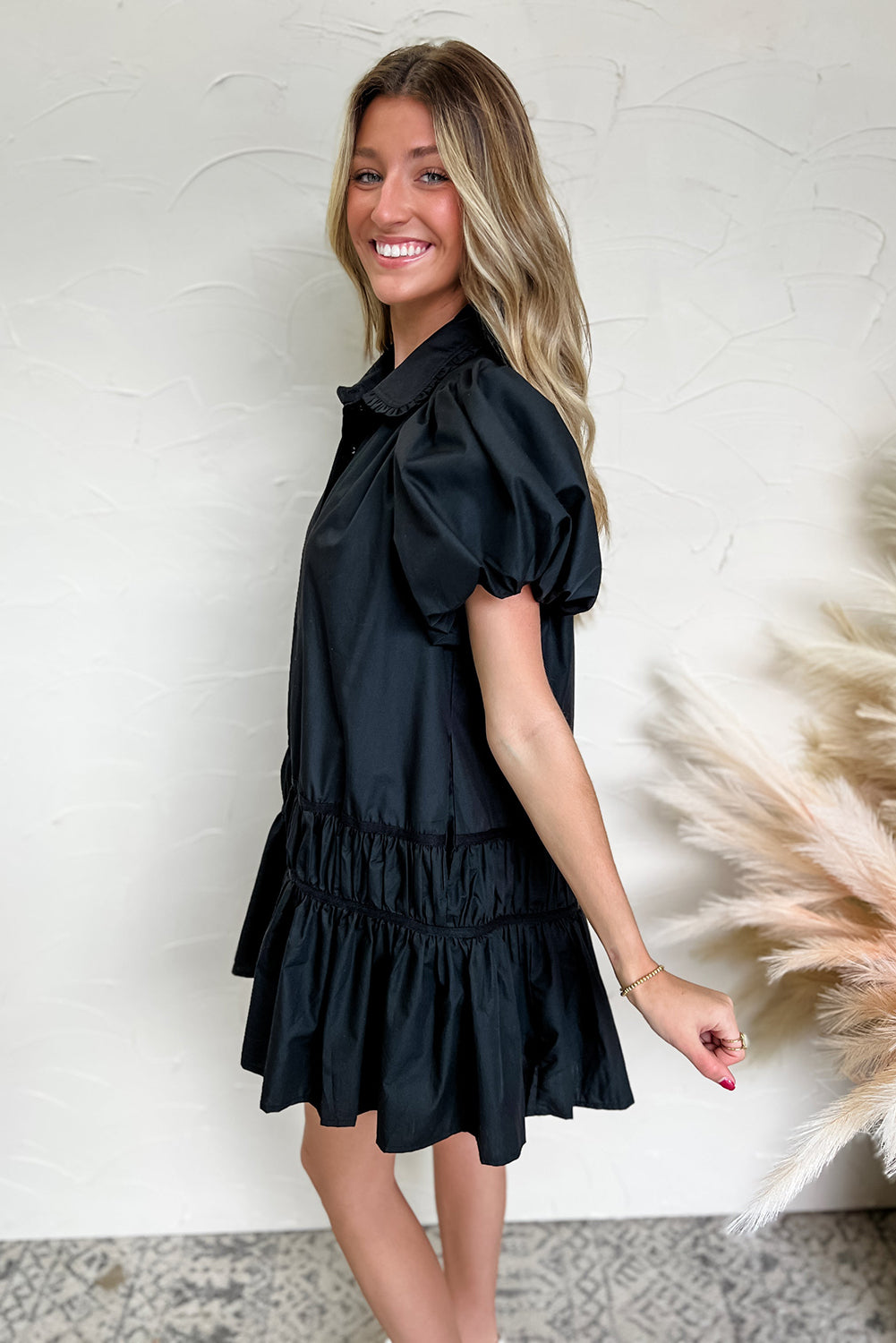 Black Button Down Puff Sleeve Ruched Ruffle Hem Dress