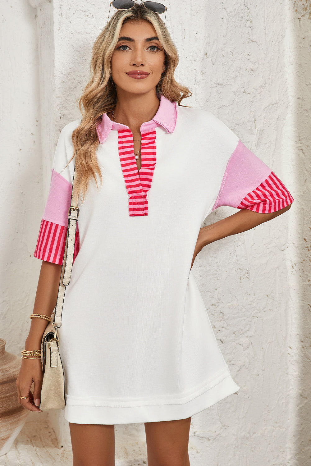 Pink Stripe Colorblock Sleeve Collared Mini Dress