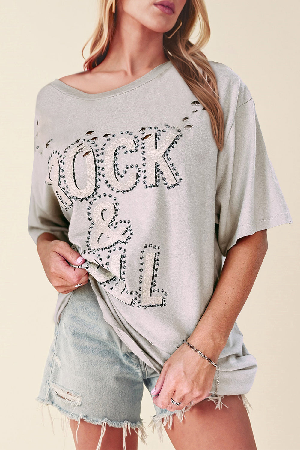 Gray Rock & Roll Graphic Ripped Oversized Tee