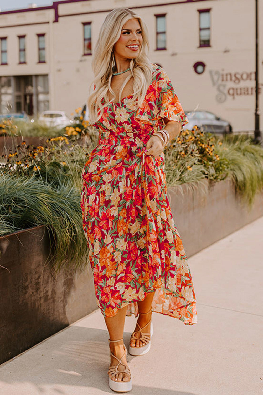 Orange Plus Size  Floral V Neck Cinched Waist Maxi Dress