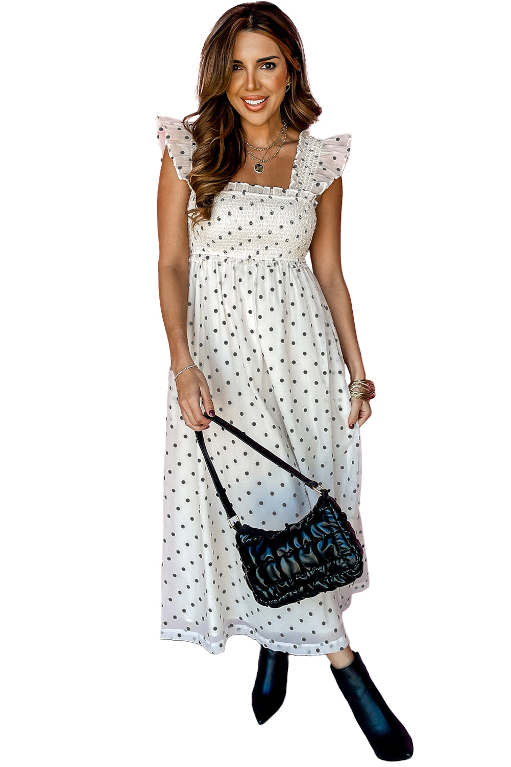 White Polka Dot Flutter Sleeve Square Neck Smocked Maxi Dress