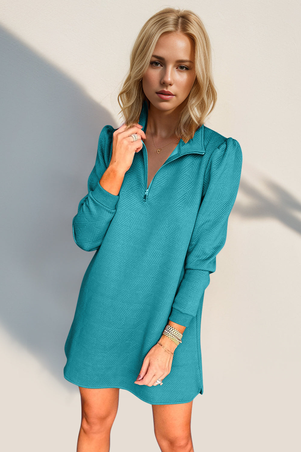 Double Take Textured Quarter Zip Long Sleeve Dress