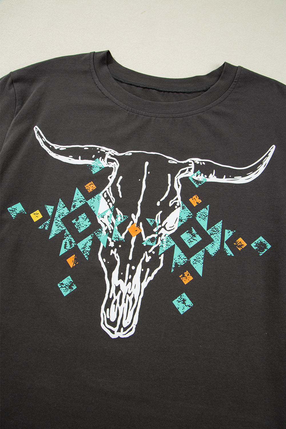 Carbon Grey Vintage Bull Head Skull Turquoise Geometric Graphic T Shirt