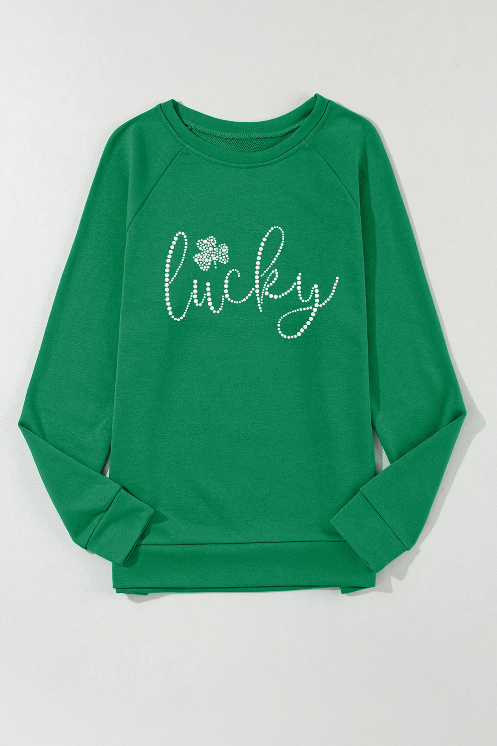 Green Rhinestone lucky Clover Graphic St Patrick Pullover Sweatshirt