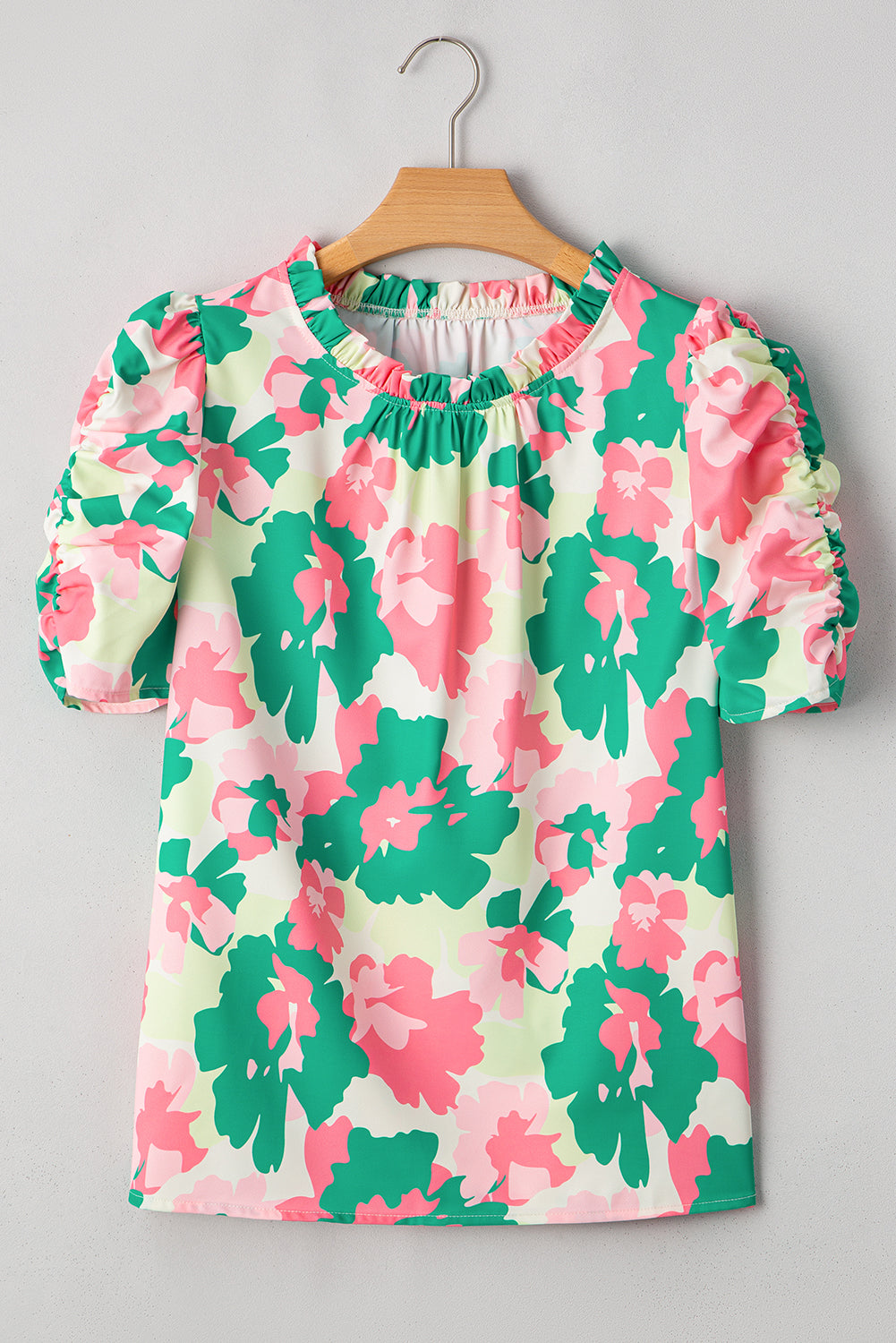 Green Abstract Print Frilled Neck Ruched Short Sleeve Blouse