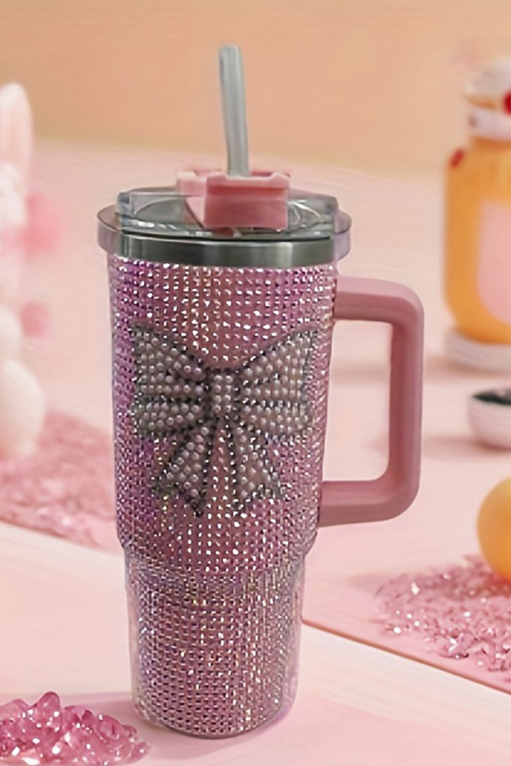 Pink Sweet Rhinestone Bow Tumbler Cup with Straw and Handle