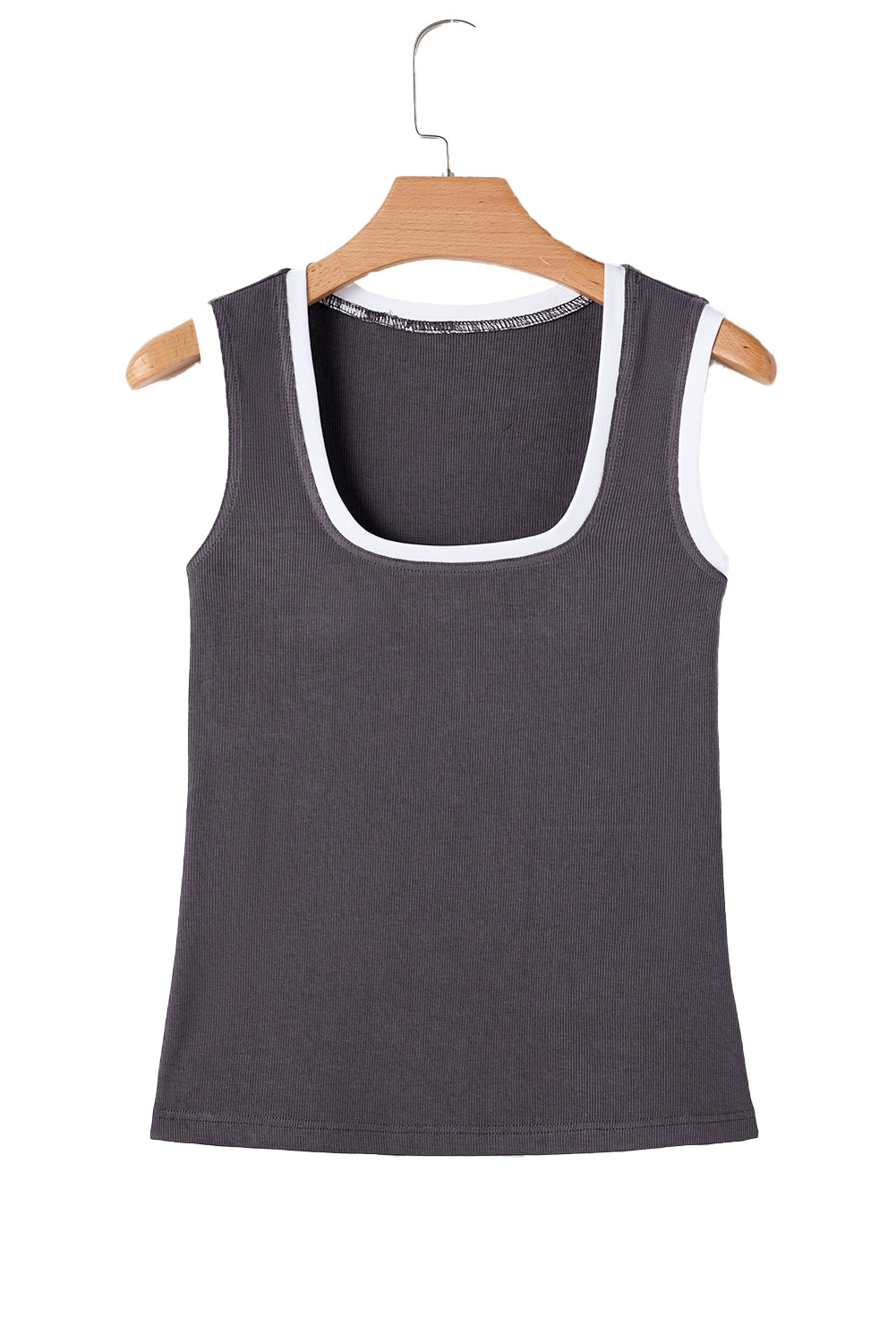 Carbon Grey Ribbed Knit Contrast Edge U Neck Slim Fit Tank Top