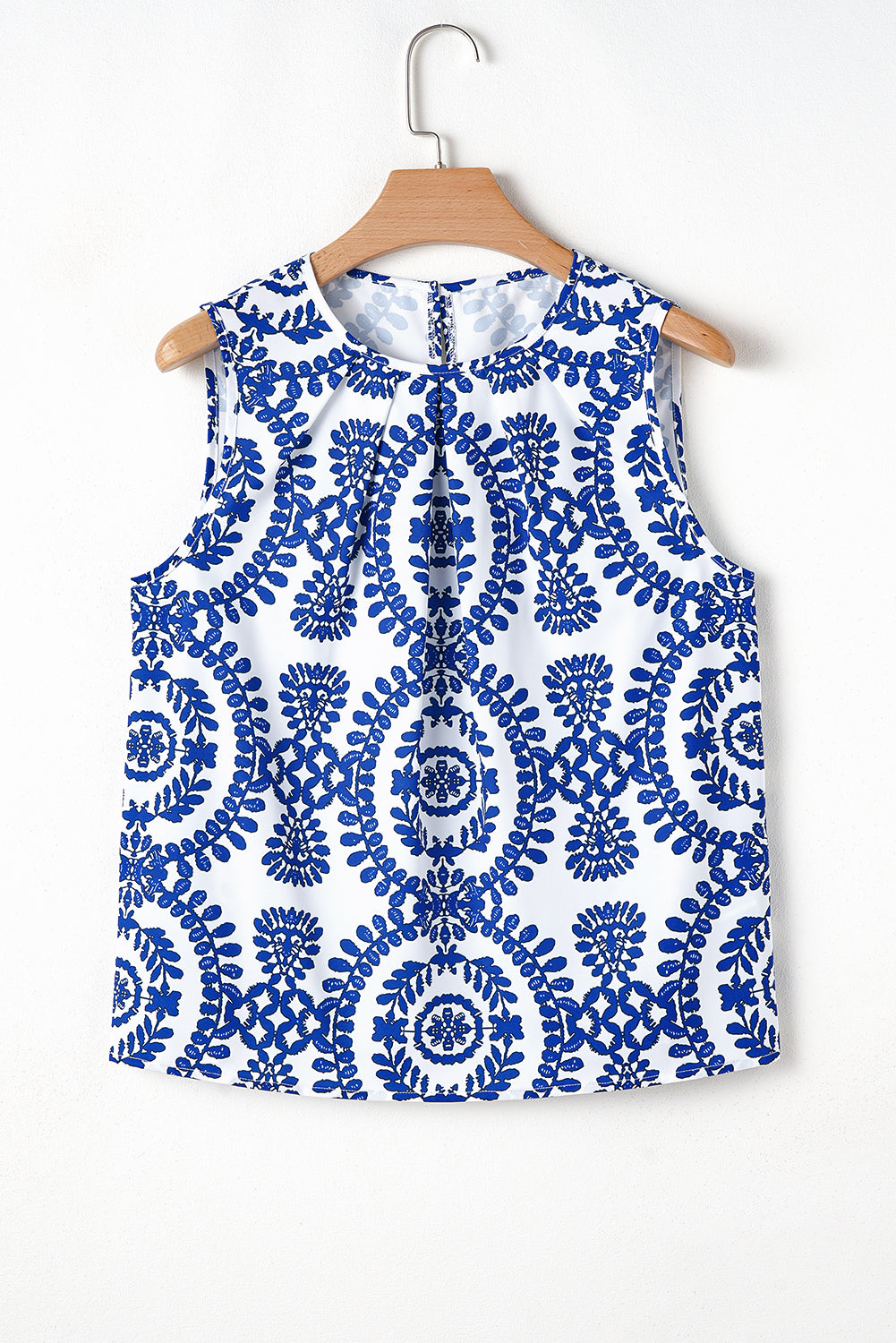 Blue Boho Geometric Print Pleated Sleeveless Top