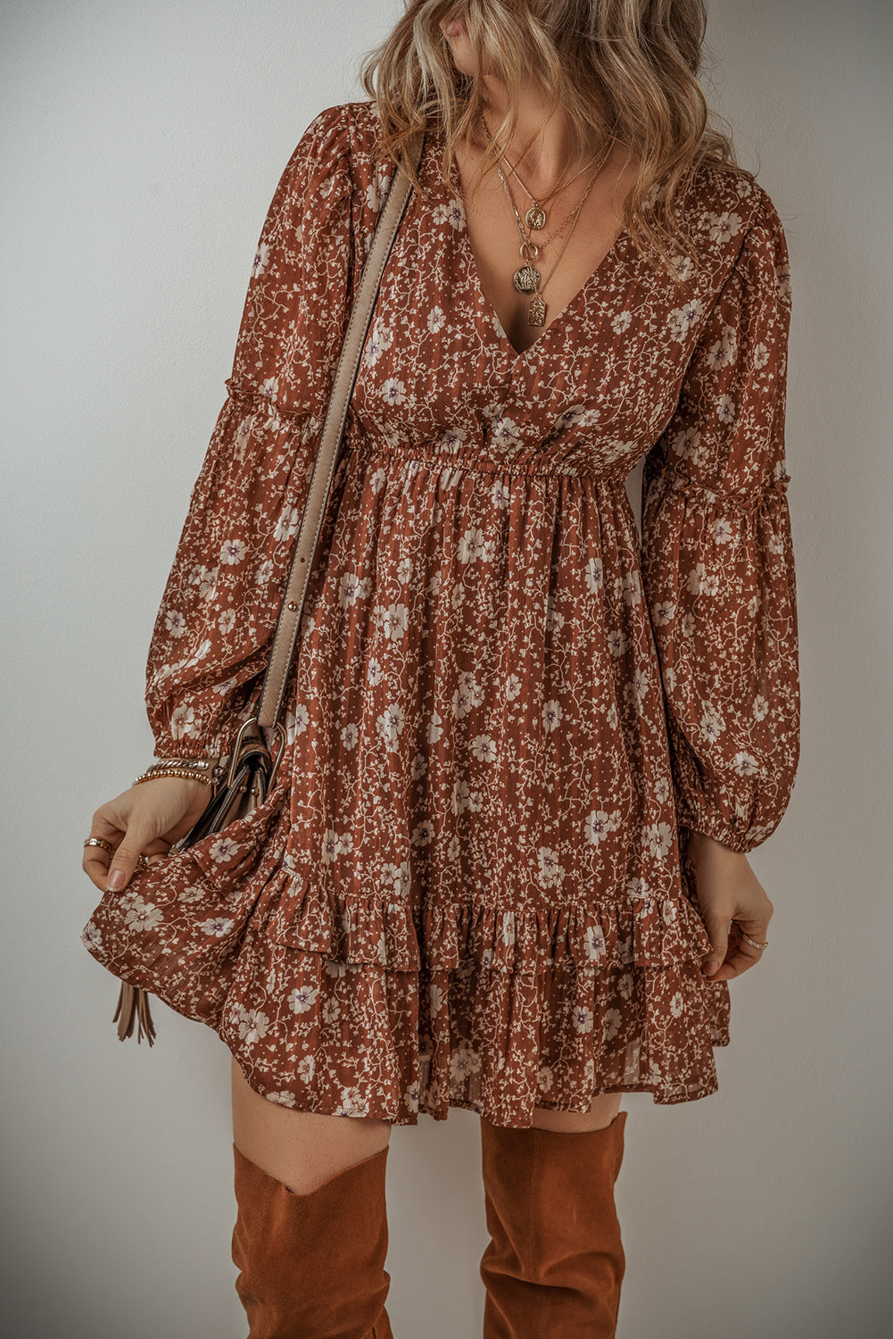 Brown Boho Floral Ruffled Puff Sleeve V Neck Mini Dress