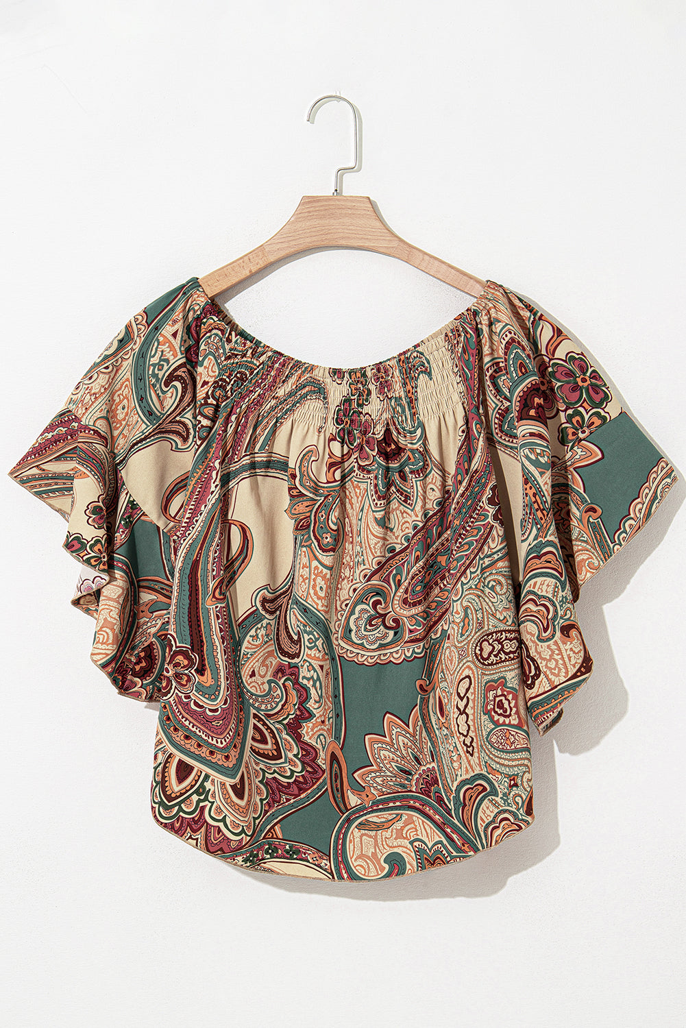 Apricot Paisley Print Shirred Off Shoulder Ruffle Half Sleeve Blouse