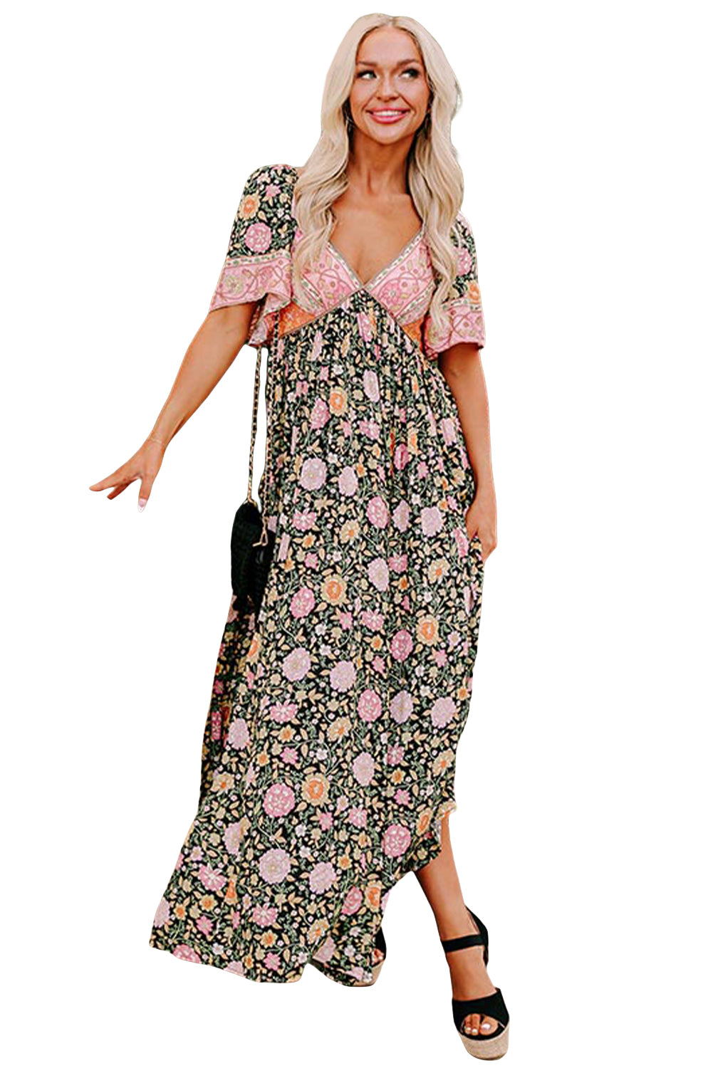 Black Boho Floral Patchwork Sexy V Neck Short Sleeve Maxi Dress