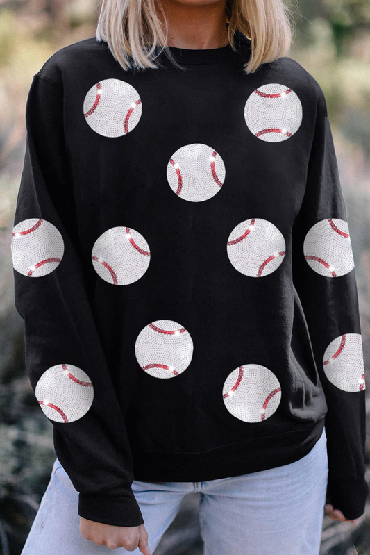 Black Sequin Baseball Patched Graphic Drop Shoulder Sweatshirt