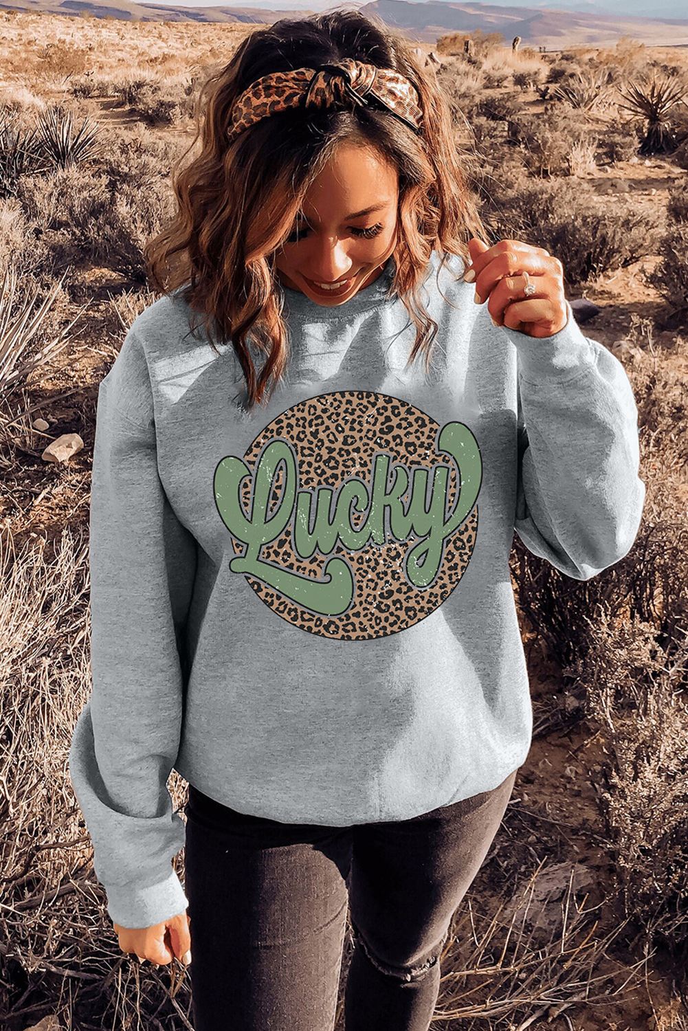 Gray Leopard Lucky Graphic Crewneck St Patrick Pullover Sweatshirt