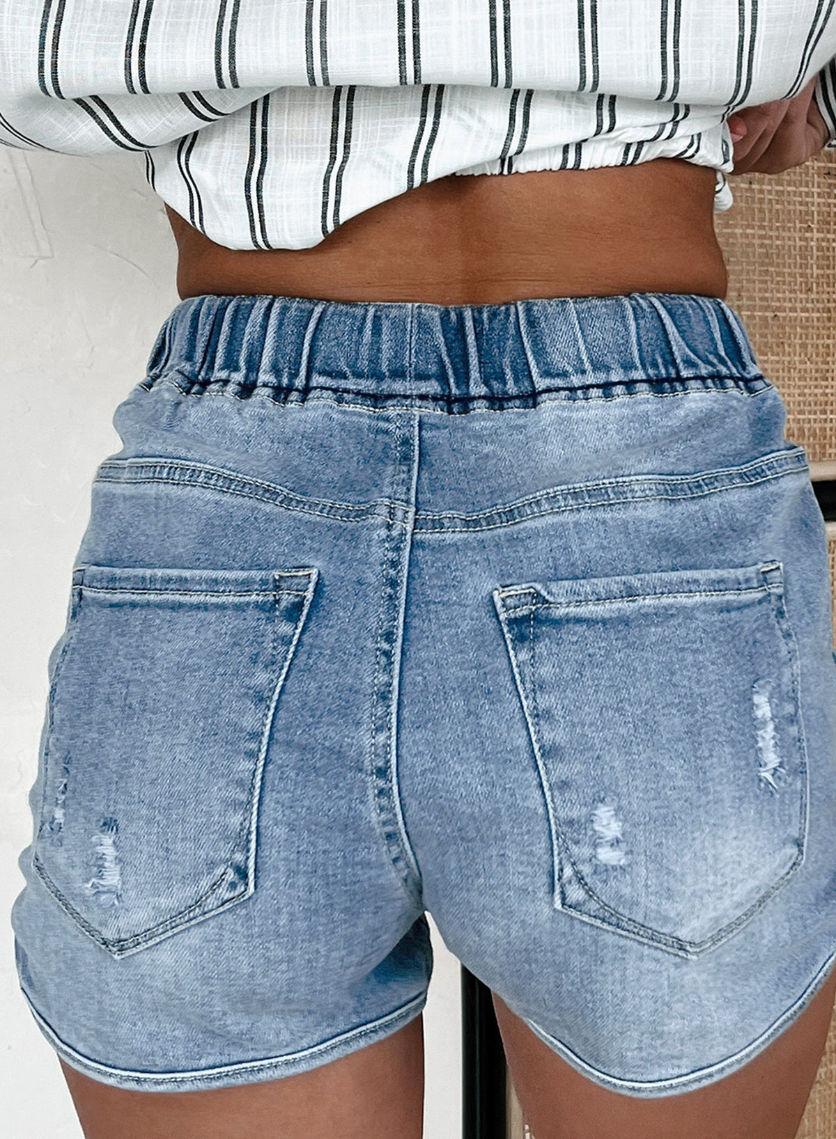 Myosotis Drawstring High Waist Distressed Denim Shorts