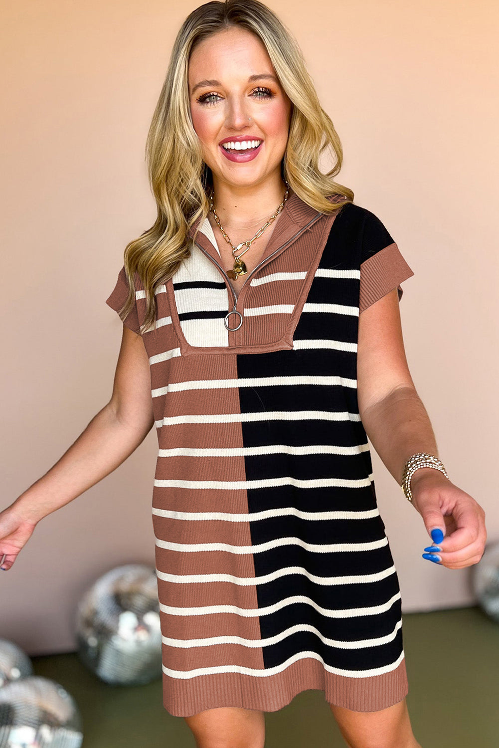 Khaki Stripe Color Block Short Sleeve Quarter Zip Mini Dress